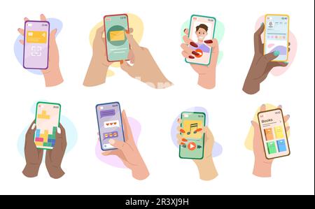 Mains tenant des téléphones avec des applications mobiles ensemble d'illustrations vectorielles Illustration de Vecteur