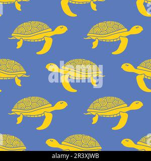 Vecteur jaune icône tortue de l'océan motif sans couture isolé sur fond bleu. Motif de mer simple texture d'animal. Illustration de Vecteur