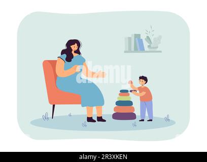 Mère assise sur une chaise, aidant son fils à assembler la pyramide Illustration de Vecteur