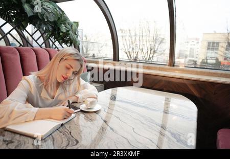 Jeune femme rêveuse écrivant les plans et les objectifs futurs dans son propre journal de repos dans la cafétéria confortable Banque D'Images