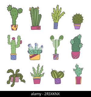Ensemble mignon de cactus en pot dans l'illustration de style Doodle. Pour la conception de cartes postales, d'invitations ou d'autocollants. Vecteur isolé Illustration de Vecteur