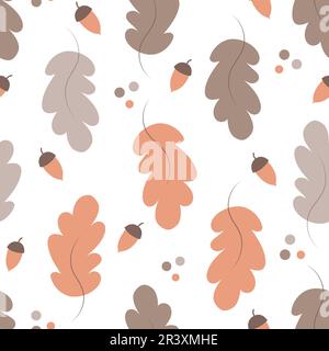 Motif vectoriel sans couture avec adorable motif caricature feuilles de chêne d'automne et glands pour le jour de Thanksgiving sur fond blanc. Illustration de Vecteur