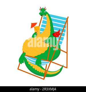 Un bébé dragon drôle est assis sur une chaise longue. Dragon d'été. 2024 année du dragon. Illustration de Vecteur