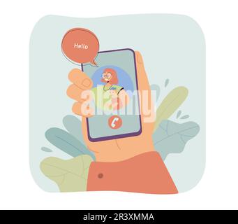 Main du père tenant le téléphone avec mère et fils à l'écran Illustration de Vecteur