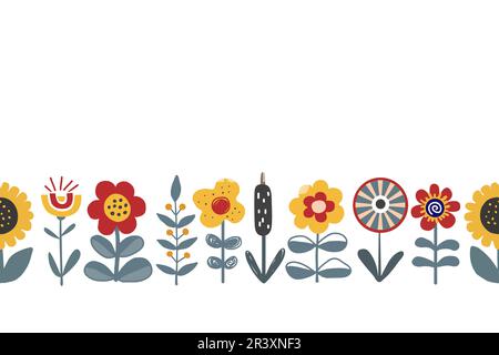 Joli motif fleuri dessiné à la main sans couture. Belle bordure de lit de fleurs dans le style scandinave ou ukrainien. Design pour le textile, les salutations, les fonds d'écran Illustration de Vecteur