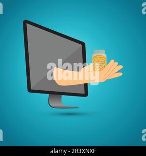 Main du moniteur tenant une bouteille avec des pilules Illustration de Vecteur