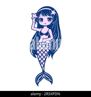 Jolie petite sirène pour un motif en deux couleurs sur fond blanc. Illustration vectorielle en style manga et anime. Illustration de Vecteur