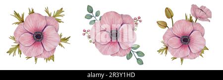 Ensemble floral.fleurs d'anémone avec feuilles et baies. Aquarelle et illustration du marqueur. Idéal pour les éléments de design, les cartes d'impression, les invitations de mariage, b Banque D'Images