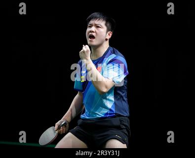 Durban, Afrique du Sud. 25th mai 2023. Fan Zhendong de Chine célèbre lors de la partie masculine de 16 match contre Qiu Dang d'Allemagne à 2023 finales des Championnats du monde de tennis de table de l'ITTF à Durban, Afrique du Sud, 25 mai 2023. Crédit: Li Yahui/Xinhua/Alamy Live News Banque D'Images