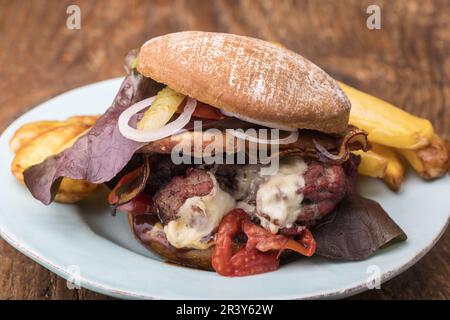 Hamburger au porc tiré avec frites Banque D'Images