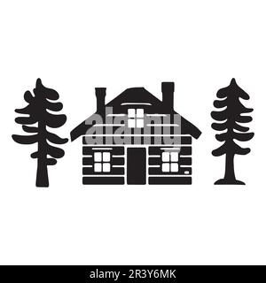 Chalet en bois dans l'illustration vectorielle de style scandi Linocut. Chalet alpin dans le village de vacances de campagne dessin animé. Illustration de Vecteur