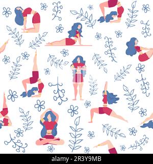 Le motif de yoga sans couture est engagé. Poses de yoga, lotus, monstère, feuilles, décoration cachemire, lettrage. Santé de l'esprit et du corps Illustration de Vecteur