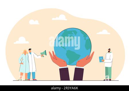Médecins avec le mégaphone à côté d'énormes mains tenant la Terre Illustration de Vecteur