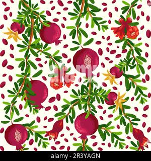 Branches de grenade à motif fruits et fleurs sans couture. Feuilles et fruits brillants, graines et lobules. Motif sans couture Shana Tova. Nouveau Ye juif Illustration de Vecteur