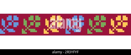 Motif de bordure géométrique vectoriel coloré, ornement pour textile ou tissu. Imprimé fleuri de couleur citron carpathienne. Pixel art, vyshyvanka, point de croix Illustration de Vecteur