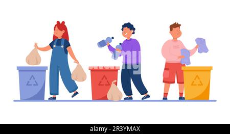 Les enfants heureux de jeter des déchets dans les poubelles de recyclage Illustration de Vecteur