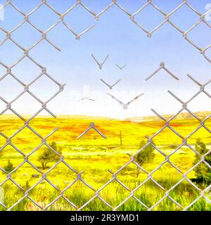 La clôture à maillons de chaîne se transforme en filets métalliques qui s'envolent. Concept de liberté, de réussite, de pensée positive, de motivation, d'inspiration et de courage. Banque D'Images