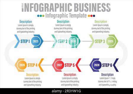 Présentation de la chronologie pour 6 étapes, année, vecteur de conception infographique de la chronologie et activité de présentation peuvent être utilisés pour Business concept avec 6 options Illustration de Vecteur