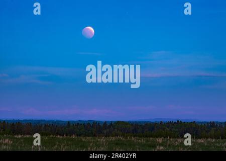 L'éclipse lunaire totale de 26 mai 2021, avec un arc fin de la pleine lune visible en haut. Banque D'Images