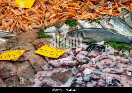 Poissons frais, fruits de mer et crustacés en vente sur un marché de Barcelone, Espagne Banque D'Images