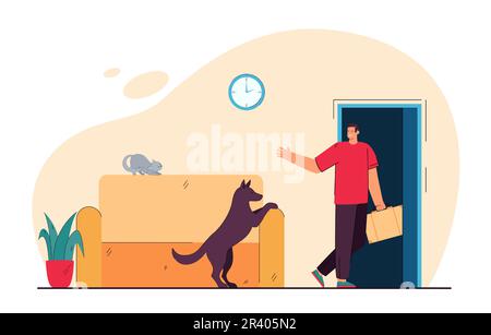 Homme quittant la maison et son animal seul Illustration de Vecteur