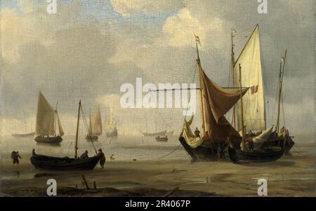 Titre complet: De petits bateaux hollandais s'agrment à basse eau dans un calme artiste: Willem van de Velde Date de fabrication: Vers 1660 Banque D'Images