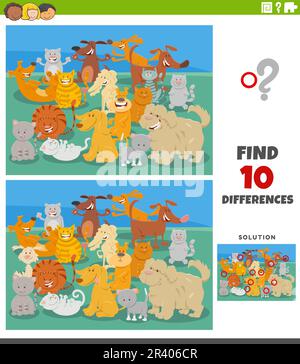 Jeux de différences avec des personnages de chats et de chiens de dessin animé Banque D'Images