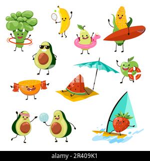 Jeu d'illustrations vectorielles pour les personnages de fruits qui s'amusent sur la plage Illustration de Vecteur