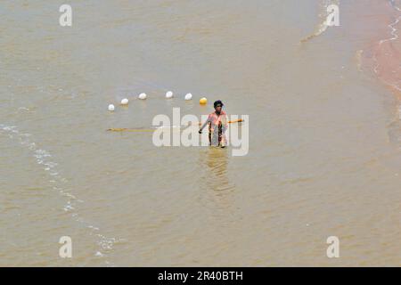 Les pêcheurs et les femmes travaillent pour attraper des crevettes dans la rivière le matin chaud et ensoleillé. Banque D'Images