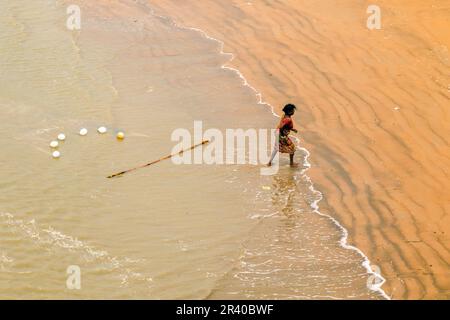 Les pêcheurs et les femmes travaillent pour attraper des crevettes dans la rivière le matin chaud et ensoleillé. Banque D'Images