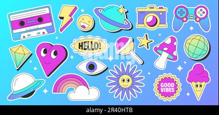 Pack d'autocollants style rétro Vector avec 90s éléments. Collection de personnages mignons et de champignons, arc-en-ciel, planète, ovni, appareil photo, manette de jeu et cassette. Objets définis sur fond bleu. Illustration de Vecteur