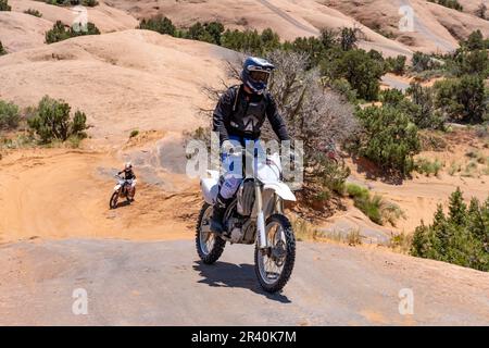 Moto hors route grimpant sur un dôme en grès de la piste fins & Things, près de Moab, Utah. Banque D'Images