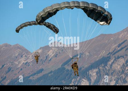 Parachutistes de l'armée suisse descendant dans le ciel, Meiringen, Suisse. Banque D'Images