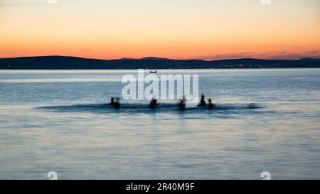 Baigneurs dans le lac Balaton au coucher du soleil Banque D'Images