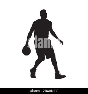 Une seule personne a réalisé une silhouette en mi-mouvement, entourée d'équipements sportifs et prête pour le prochain défi. joueur de basket-ball Illustration de Vecteur