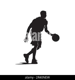 Une seule personne a réalisé une silhouette en mi-mouvement, entourée d'équipements sportifs et prête pour le prochain défi. joueur de basket-ball Illustration de Vecteur