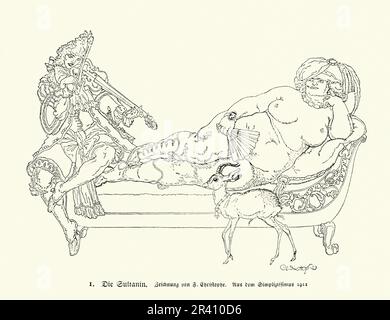 Illustration vintage la Sultana, violoniste jouant le violon pour une femme riche sur une chaise longue, caricature Garman 1910s Banque D'Images