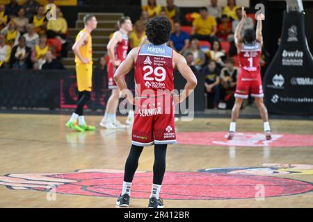 Jean-Marc Mwema (29) d'Anvers photographié lors d'un match de basket-ball entre Belge BC Filou Oostende et Telenet Antwerp Giants le deuxième jour de match du jeu des champions , le mardi 23 mai 2023 au Versluys Dome à Oostende , Belgique . PHOTO SPORTPIX | DAVID CATRY Banque D'Images