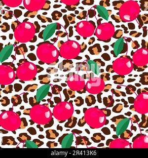 Motif rouge cerises sans coutures. Baies rouges sur fond de léopard. Conception plate. Utilisation pour le tissu, le textile, la robe, l'emballage. Illustration de Vecteur