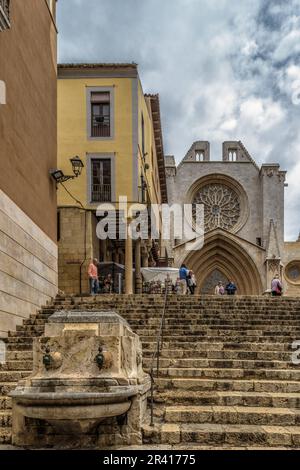 fontaine à l'escalier de la cathédrale sur la Plaza de Santiago Rusiñol dans la ville de Tarragone, Catalogne, Espagne, Europe Banque D'Images