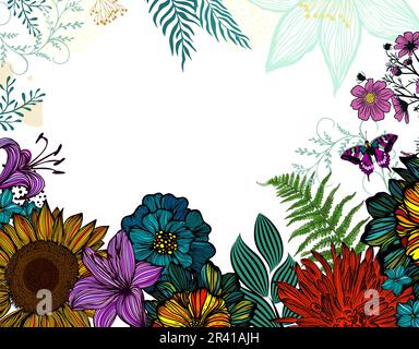 Cadre avec fleurs colorées. Carte postale avec différentes belles fleurs. Illustration vectorielle Illustration de Vecteur
