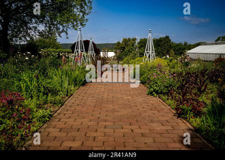 Bronx, NY - Etats-Unis - 21 mai, 2023 vue sur le jardin des fleurs, un jardin anglais de style cottage, avec allium, pivoine, clematis, gerainium et iris au Banque D'Images