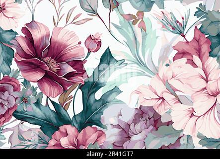 Modèle d'arrière-plan abstrait à motif floral. Aquarelle botanique fleurs dessinées à la main dessin au pinceau - Vector Banque D'Images