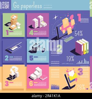 Optez pour des infographies isométriques en couleur sans papier avec des documents papier et des périphériques électroniques avec des illustrations vectorielles 3D fichiers Illustration de Vecteur