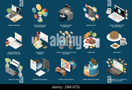 Milieu de travail hybride bureau à domicile modèle isométriques icônes ensemble isolé sur fond couleur 3D illustration vectorielle Illustration de Vecteur