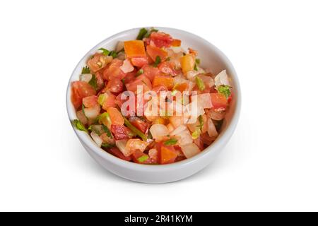 Pico de gallo salsa petite boîte de pétri blanche empilée nourriture dans bol fond plat actif Banque D'Images