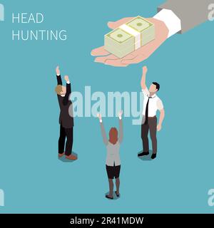 Concept isométrique de chasse à la tête avec trois candidats à l'emploi et une pile de billets de banque de main de recruteur 3D illustration vectorielle Illustration de Vecteur