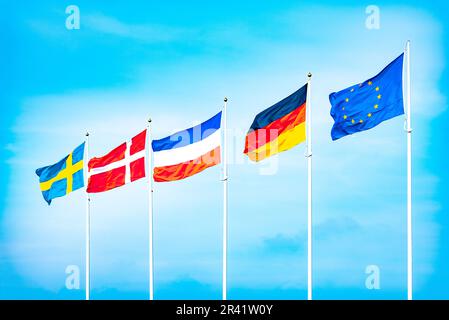 Flags of Scandinavian, the European, German and the flag of Schleswig-Holstein in Fehmarn Stock Photo