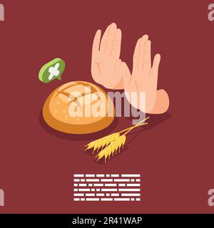 Intolérance au gluten composition isométrique du signe d'interdiction mains gestuelles pousses de blé et pain sur fond solide illustration vectorielle Illustration de Vecteur