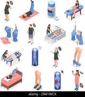 Varices isométriques ensemble d'icônes isolées avec les caractères humains des patients symptômes exercices et fournitures médicales illustration vectorielle Illustration de Vecteur